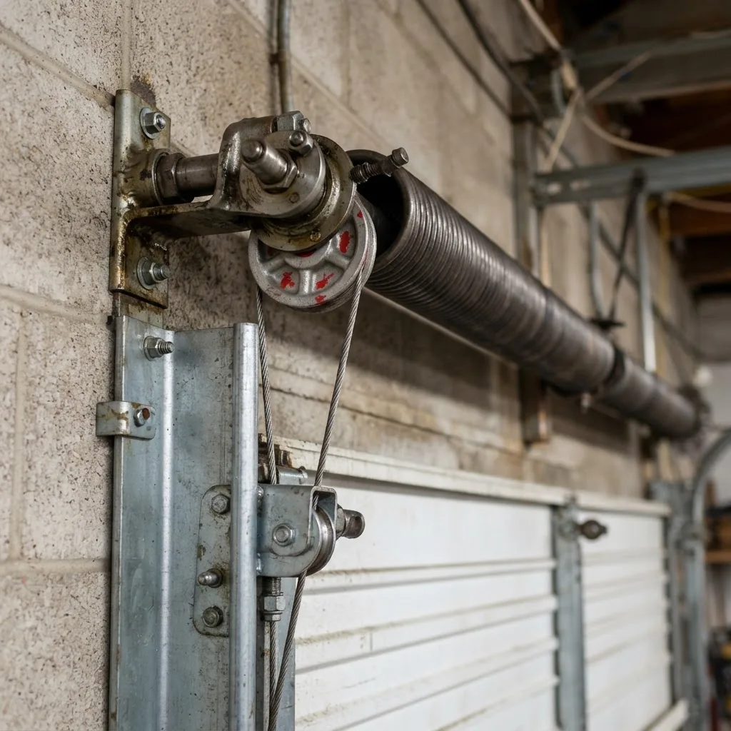 Close-up of garage door spring and track hardware