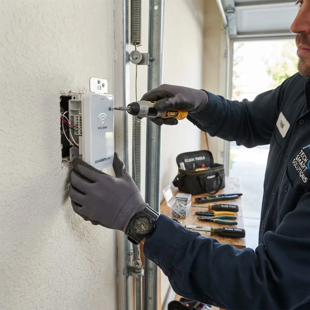 Technician installing a smart garage door control panel