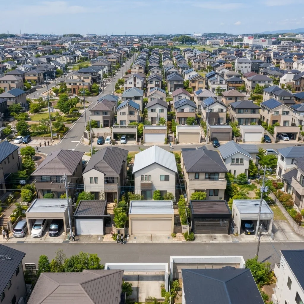 Aerial view of residential garages in Tokyo neighbourhood