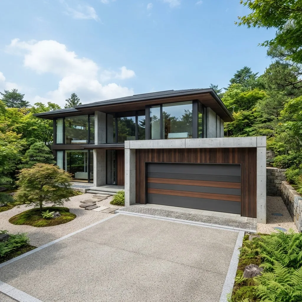 Luxury contemporary Japanese villa with newly installed Moss Grove Field automatic garage door