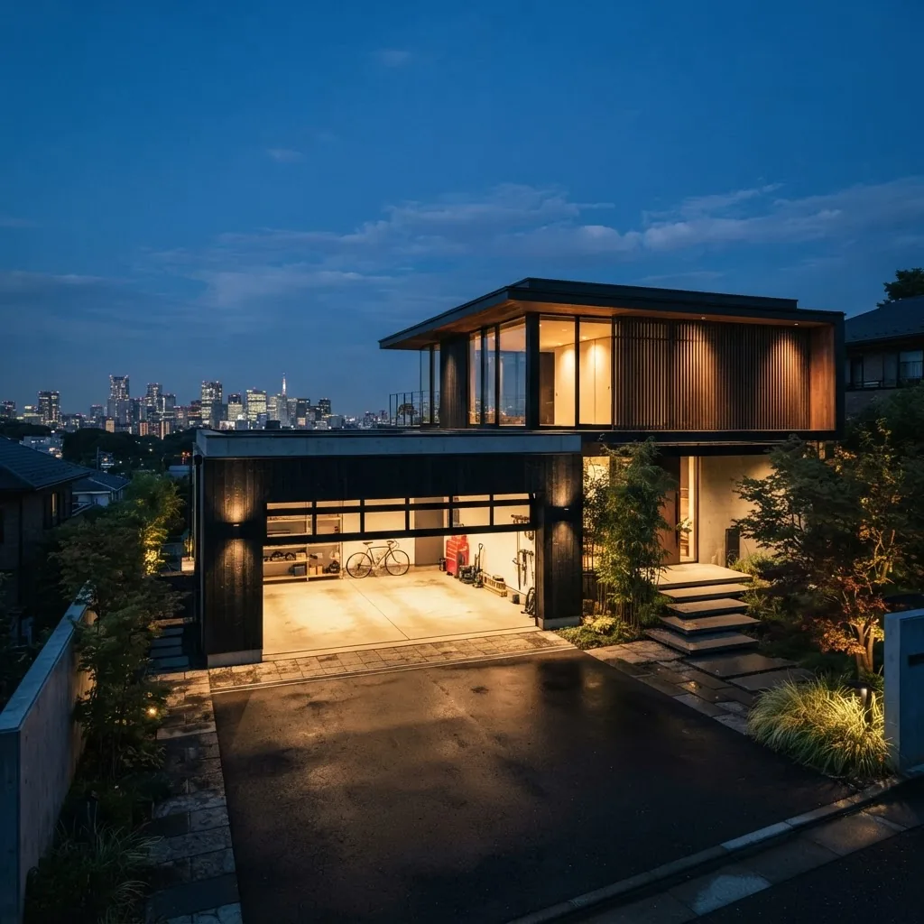 Modern automatic garage door open at dusk in a contemporary Tokyo residence