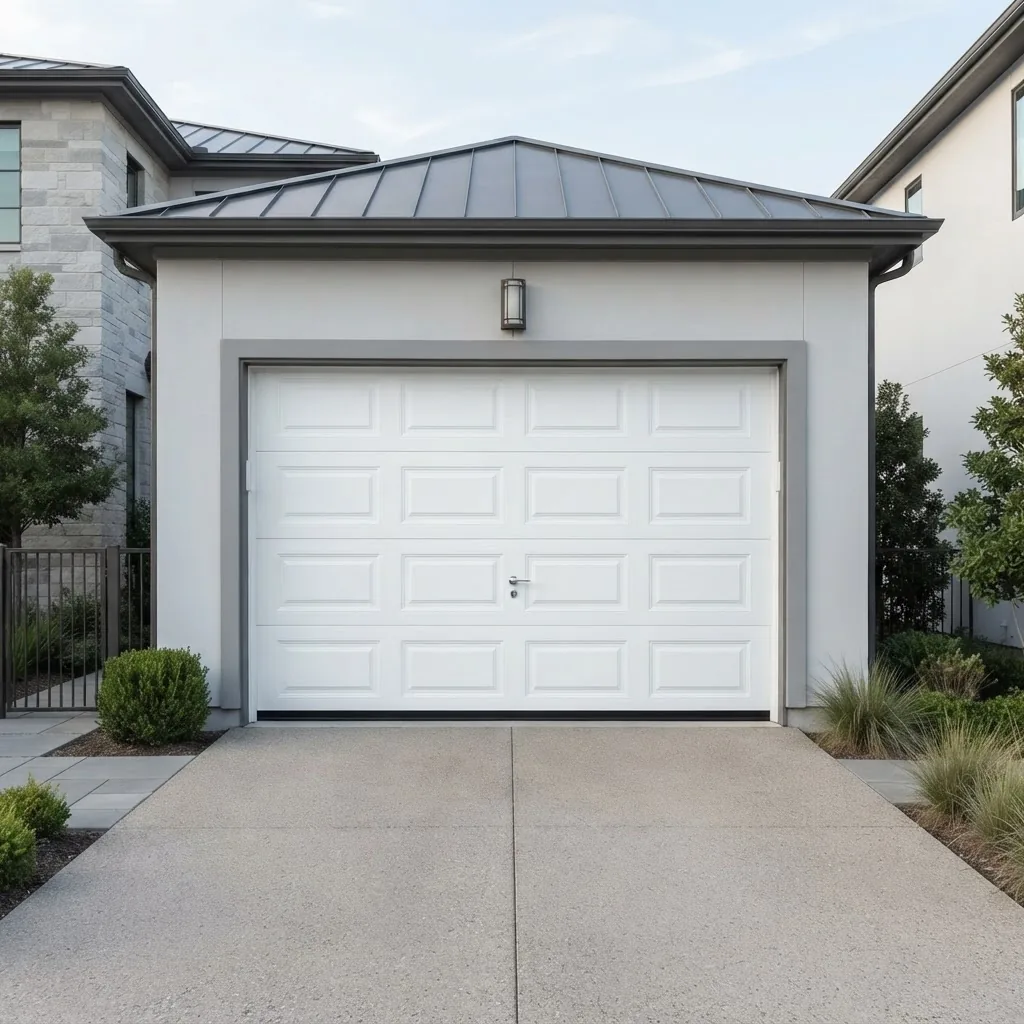 White sectional garage door with raised panel design