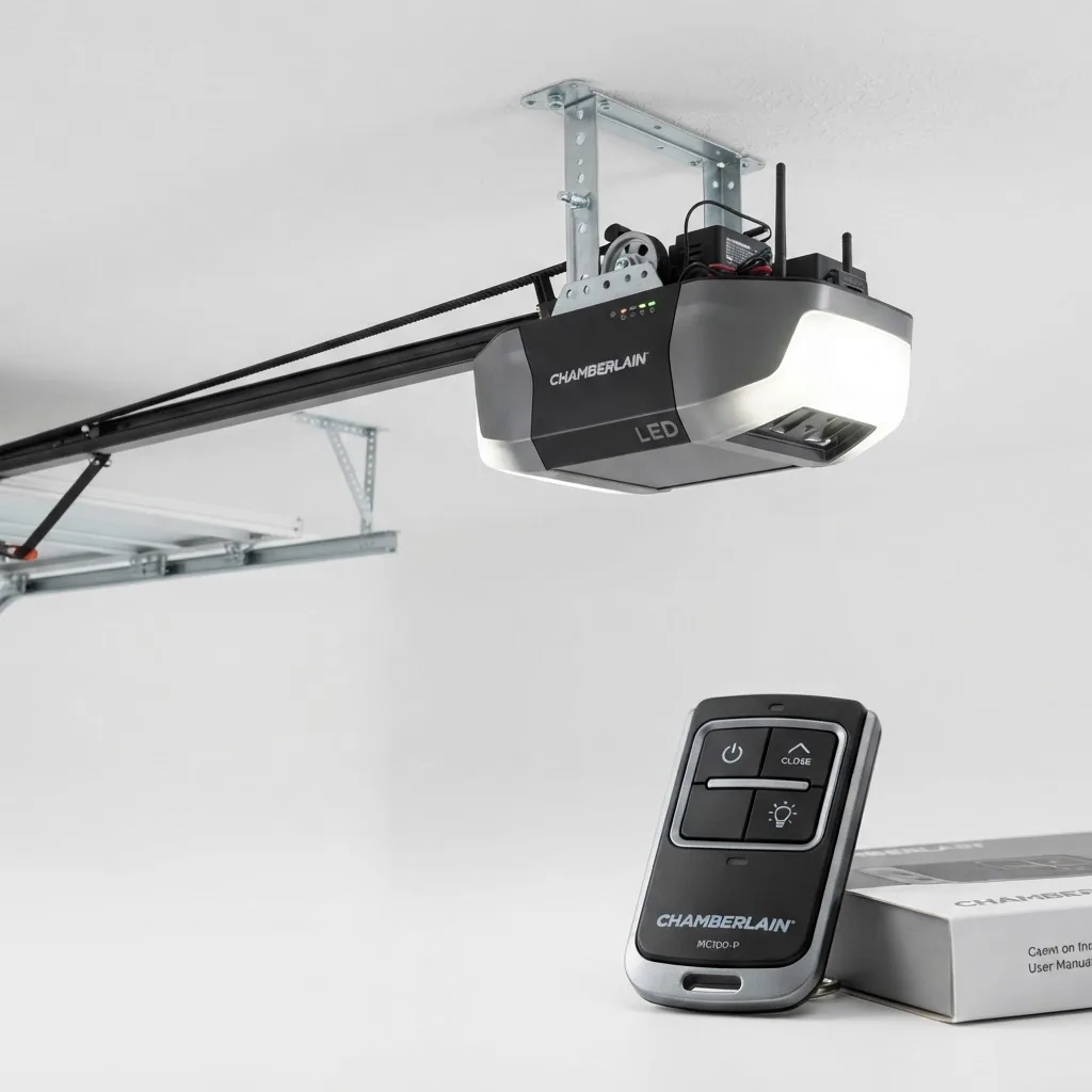 Modern garage door opener motor unit with remote control