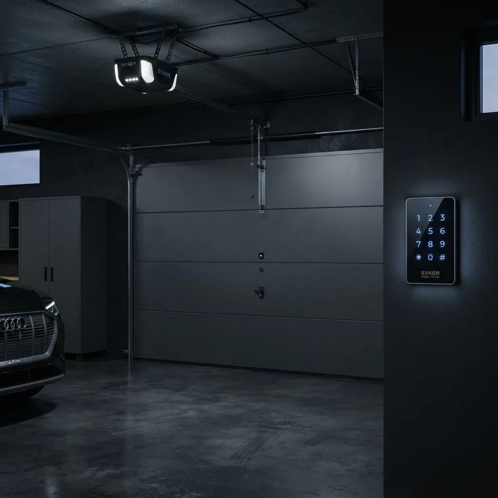 Dark charcoal smart automatic garage door with digital keypad